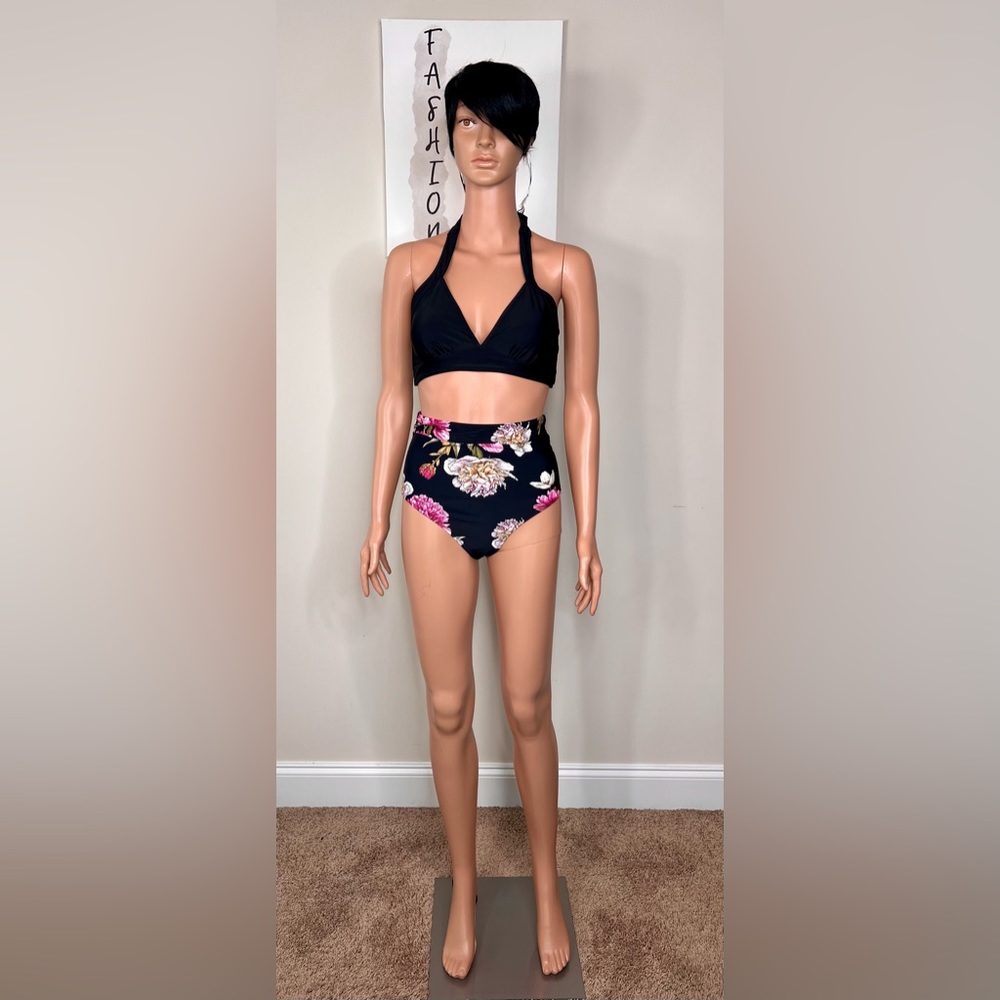Cupshe Black Floral High Waisted Bikini